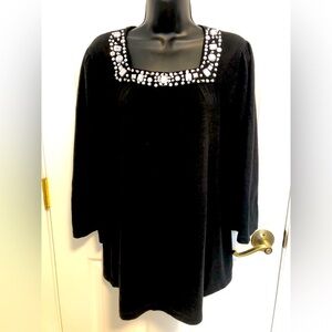 Lane Bryant women’s 1X black 3/4 sleeve sweater. Square neck w/ embellishments